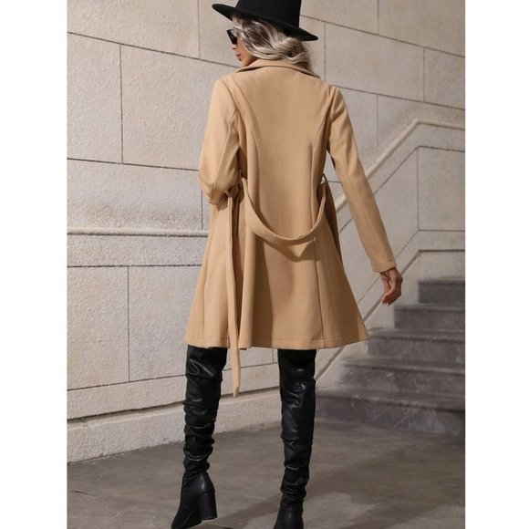 Tan Preppy Womens Lapel Neck Double Breasted Belted Overcoat - Picture 7 of 8